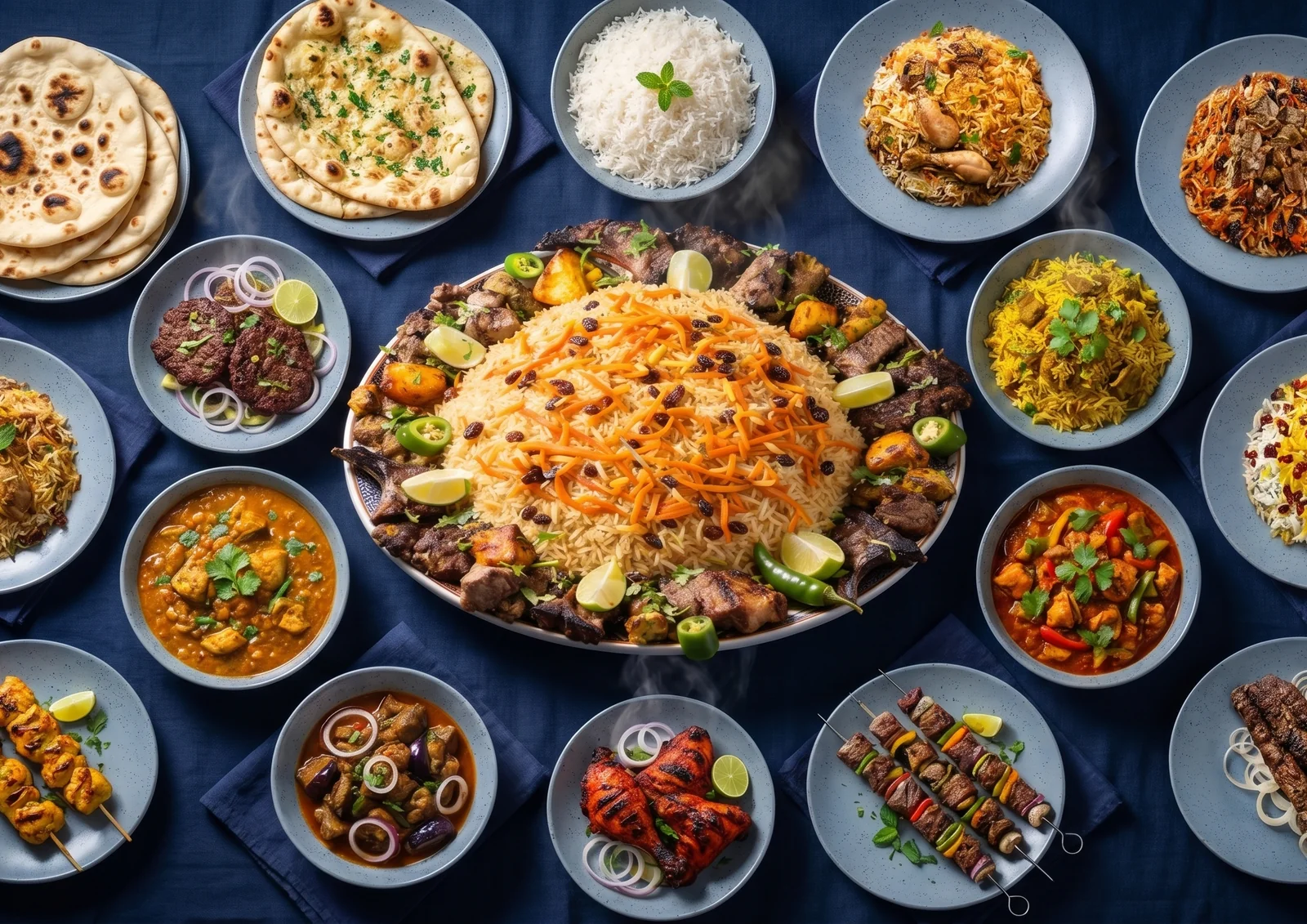 Afghanske buffetretter med ris, brød, kød, grøntsager og tilbehør