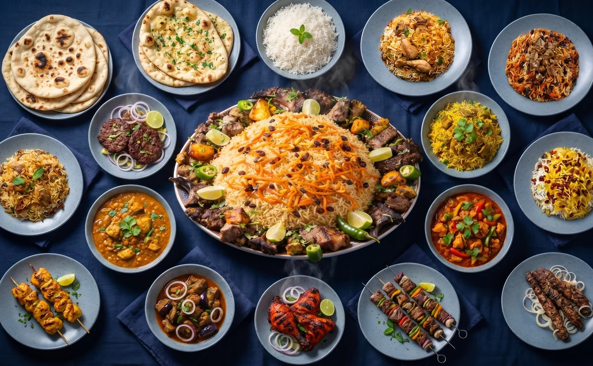 Et udvalg af afghanske buffetretter samlet omkring et stort fad ris